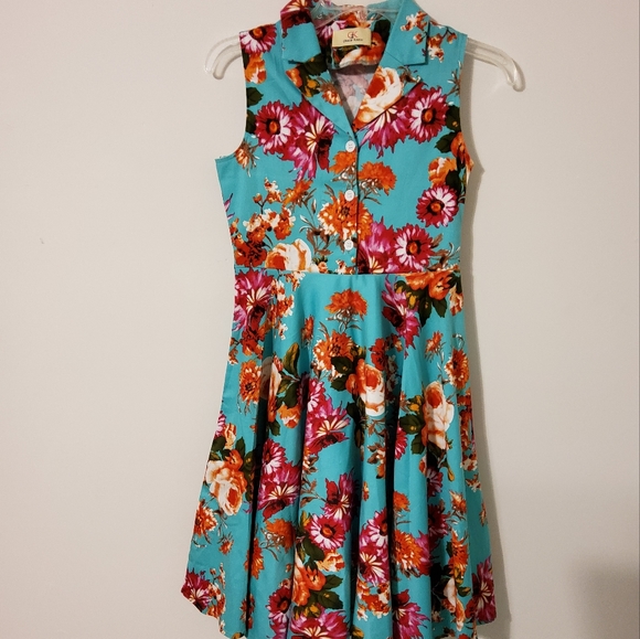 Grace Karin Other - GRACE KARIN COTTON FLORAL FIT & FLARE DRESS V NECK WITH COLLAR DRESS 11-12  YEAR